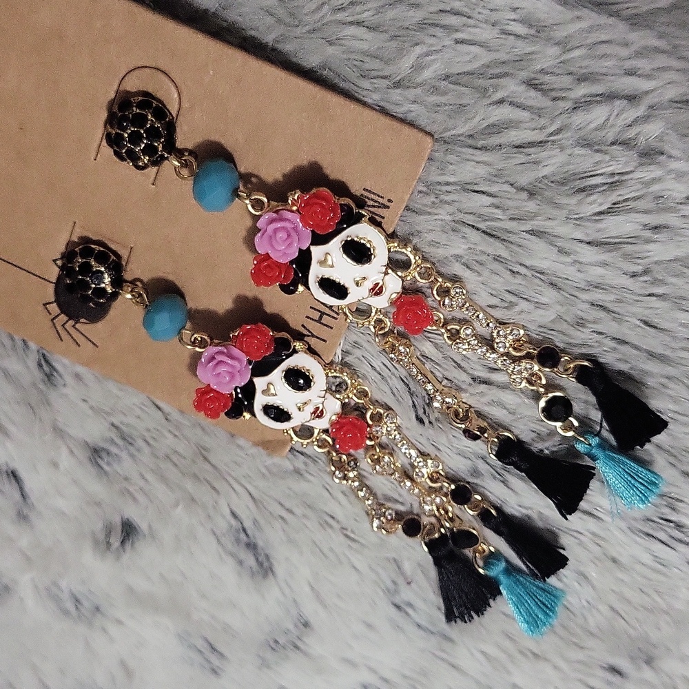 Floral Skull Dangle Earrings